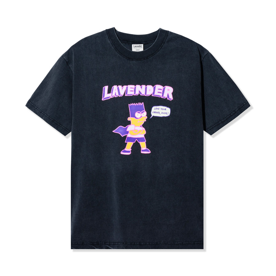 Black t-shirt with cartoon character and 'LAVENDER' text on a white background